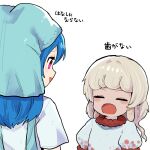  2girls apron bangs blue_apron blue_hair blue_headwear blue_scarf blush closed_eyes dress ebisu_eika grey_dress grey_hair haniyasushin_keiki head_scarf highres howhow_notei long_hair looking_at_another medium_hair multiple_girls open_mouth pink_eyes puffy_short_sleeves puffy_sleeves scarf short_sleeves simple_background smile tongue touhou translation_request white_background 