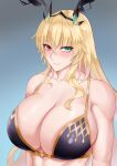  1girl absurdres aqua_eyes blonde_hair blush breasts fairy_knight_gawain_(fate) fate/grand_order fate_(series) freed_turing gradient gradient_background heterochromia highres large_breasts looking_at_viewer red_eyes smile solo 