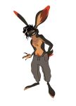 2021 5_fingers ahkwatishiw anthro barefoot belly biped black_hair blonde_highlights bottomwear brown_body brown_bottomwear brown_clothing brown_fur brown_inner_ear_fluff brown_pants clothed clothing countershade_face countershade_feet countershade_hands countershade_torso countershading domestic_rabbit ear_piercing ear_ring facial_piercing feet female fingers full-length_portrait fur glistening_eyelids grey_body grey_ears grey_fur hair half-closed_eyes hi_res highlights_(coloring) inner_ear_fluff lagomorph leporid mammal markings messy_hair multicolored_hair narrowed_eyes nose_piercing nose_ring orange_belly orange_body orange_countershading orange_feet oryctolagus pants piercing portrait rabbit red_ears red_inner_ear red_markings rex_rabbit ring_piercing scut_tail short_tail simple_background solo standing three-quarter_view topless tuft two_tone_hair two_tone_tail white_background 