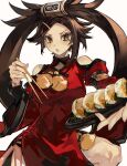  1girl absurdres blush breasts brown_eyes brown_hair chopsticks detached_sleeves food found_modori guilty_gear guilty_gear_xrd hair_ornament hairclip highres kuradoberi_jam large_breasts leg_up long_hair long_sleeves looking_at_viewer open_mouth outstretched_arm solo thighs tray v-shaped_eyebrows wide_sleeves 