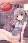  1girl bangs bare_arms bare_shoulders black_ribbon blue_dress blurry blurry_foreground blush breasts china_dress chinese_clothes closed_mouth commentary_request depth_of_field dress grey_hair hair_ribbon highres indoors kuriyuzu_kuryuu long_hair looking_at_viewer medium_breasts no_shoes original purple_eyes ribbon round_window see-through sleeveless sleeveless_dress smile solo thighhighs white_thighhighs window 