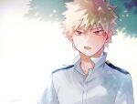  1boy adcalcium bakugou_katsuki blonde_hair blush boku_no_hero_academia collared_shirt commentary_request looking_at_viewer male_focus open_mouth red_eyes school_uniform shirt short_hair signature solo spiked_hair u.a._school_uniform upper_body white_background white_shirt 