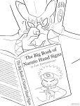  anthro bandai_namco blitzcomicguy book canid canine digimon digimon_(species) digimon_ghost_game doumon english_text fox hand_gesture hi_res humor male mammal monochrome naruto naruto_uzumaki nervous onmyouji reading solo text url 