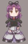  1girl bangs black_ribbon bow closed_mouth dress dress_bow eiyuu_densetsu es_(eisis) frilled_dress frills grey_background hair_ribbon highres holding holding_stuffed_toy long_sleeves looking_at_viewer medium_hair orange_eyes purple_bow purple_hair renne_(eiyuu_densetsu) ribbon simple_background solo sora_no_kiseki stuffed_animal stuffed_bunny stuffed_toy 