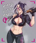  1girl abs belt belt_buckle breasts buckle commentary cowboy_shot english_commentary gloves grey_background grey_eyes gun heart heterochromia highres holding holding_gun holding_weapon jewelry large_breasts looking_at_viewer makdraw25 midriff multicolored_hair navel original pants parted_lips purple_eyes ring simple_background smile solo sweat teeth two-tone_hair weapon 