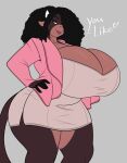  anthro big_breasts black_hair bovid bovine breasts cattle cleavage clothed clothing dialogue dress female grey_background hair hair_over_eye hi_res huge_breasts jwinkz lips_on_muzzle mammal one_eye_obstructed simple_background solo thick_thighs 