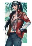  1boy alternate_hairstyle bangs black_hair black_leggings black_male_swimwear blush chain_necklace commentary_request dragon_tattoo fangs fate/grand_order fate_(series) feet_out_of_frame flower_tattoo full-body_tattoo green_eyes hair_between_eyes hair_ribbon hand_in_pocket hands_in_pockets highres jacket jewelry kanitama_(putyourhead) leggings long_hair long_sleeves looking_away male_focus male_swimwear necklace official_alternate_costume open_mouth pearl_necklace ponytail red_jacket red_ribbon ribbon smile solo swim_trunks tattoo toned toned_male very_long_hair watch wristwatch yan_qing_(fate) yan_qing_(training_wear)_(fate) 