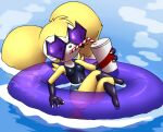  anthro bandai_namco beverage breasts clothing crossed_legs digimon digimon_(species) drinking eyewear female fur furball_(artist) holding_beverage holding_object hybrid impmon inflatable inner_tube one-piece_swimsuit short_stack solo sunglasses swimwear water yellow_body yellow_fur 