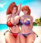  2girls absurdres artist_name beach bikini breasts cleavage cowboy_shot curvy dead_or_alive embarrassed fatal_fury highres huge_breasts kasumi_(doa) large_breasts looking_at_viewer multiple_girls one_eye_closed qobals shiranui_mai snk swimsuit the_king_of_fighters thick_thighs thighs watermark 