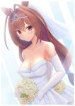  1girl absurdres alia_kanzaki animal_ears bangs bare_shoulders blush border bouquet breasts bridal_veil brown_hair cleavage collarbone daiwa_scarlet_(umamusume) dress elbow_gloves flower gloves hair_between_eyes hair_intakes highres holding holding_bouquet horse_ears horse_girl large_breasts long_hair looking_at_viewer low_twintails red_eyes smile solo sparkle strapless strapless_dress tiara twintails umamusume upper_body veil very_long_hair wedding_dress white_border white_dress white_flower white_gloves 