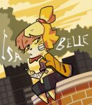  1girl absurdres animal_crossing animal_ears animal_feet animal_nose bandaged_arm bandages bandaid bandaid_on_arm bangs barefoot bell black_eyes black_skirt blonde_hair blurry blurry_background blush blush_stickers body_fur bright_pupils character_name cigarette city cloud commentary dog_ears dog_girl english_commentary english_text feet flat_chest furry furry_female gauze hair_bell hair_ornament hair_tie half-closed_eyes hand_up highres holding holding_cigarette isabelle_(animal_crossing) jingle_bell looking_to_the_side open_mouth orange_shirt outdoors pocket shirt short_hair skirt smoke smoking solo sunset supreme_(brand) topknot two-tone_fur white_fur white_pupils yakpuu yellow_fur yellow_sky 