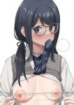  ... 1girl absurdres areola_measuring aumann blue_eyes blush breasts dark_blue_hair glasses highres large_areolae long_hair looking_at_viewer measuring medium_breasts mole mole_on_breast mouth_hold necktie necktie_in_mouth nipples open_clothes open_shirt original ruler school_uniform simple_background solo speech_bubble spoken_ellipsis upper_body vest_lift white_background 