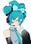  1girl aqua_eyes aqua_hair aqua_necktie bangs bare_shoulders blue_bow blue_bowtie blush bow bowtie breasts cinnamiku closed_mouth collarbone collared_shirt detached_sleeves hair_between_eyes hand_up hatsune_miku headset highres long_hair looking_at_viewer microphone necktie shirt simple_background sleeveless sleeveless_shirt small_breasts smile solo tenobe updo v_over_eye vocaloid white_background 