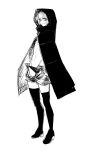  1girl black_cloak black_shorts black_thighhighs cloak closed_mouth full_body greyscale highres kotoyama looking_at_viewer monochrome nanakusa_nazuna_(yofukashi_no_uta) short_hair shorts simple_background smile solo thighhighs white_background yofukashi_no_uta 