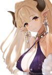  1girl alba_(granblue_fantasy) arms_at_sides bangs bare_shoulders blonde_hair breasts cleavage closed_mouth dress earrings feather_boa freckles glint granblue_fantasy head_tilt highres horns jewelry large_breasts lips long_hair looking_at_viewer mezurashiiaji mole mole_under_mouth necklace orange_hair pointy_ears purple_dress simple_background sleeveless sleeveless_dress solo upper_body white_background 