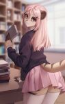  animal_ears blurry blurry_background book cowboy_shot day from_behind furry furry_female highres holding holding_book indoors iwbitu library looking_at_viewer miniskirt original pink_eyes pink_skirt shirt skirt tail thick_eyebrows thighhighs tisa_(galaxysound) white_shirt white_thighhighs 
