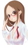  1girl absurdres blush breasts brown_eyes brown_hair closed_mouth dress_shirt forehead glasses highres karakai_jouzu_no_takagi-san long_hair long_sleeves looking_at_viewer see-through see-through_sleeves shirt simple_background smile solo takagi-san underwear wet wet_clothes wet_shirt white_background white_shirt 