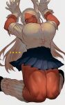  1girl absurdres animal_ear_fluff animal_ears artist_name bangs black_footwear blue_skirt boku_no_hero_academia breast_lift breasts clothes_lift dark_skin forehead gloves head_tilt highres huge_breasts ibuo_(ibukht1015) jumping kneehighs knees_together_feet_apart long_eyelashes long_hair looking_at_viewer loose_socks miniskirt mirko muscular muscular_female open_mouth outline parted_bangs pleated_skirt rabbit_ears red_eyes ribbed_socks school_uniform shiny shiny_hair shiny_skin shirt simple_background skirt skirt_lift sleeve_cuffs sleeves_rolled_up slit_pupils socks taut_clothes taut_shirt teeth thick_thighs thighs very_long_hair white_background white_gloves white_hair white_shirt 