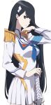  1girl black_hair blue_eyes blue_neckerchief epaulettes hadasada_2 hair_ornament hand_up high_collar highres holding holding_sword holding_weapon junketsu kamui_(kill_la_kill) kill_la_kill kiryuuin_satsuki long_hair long_sleeves neckerchief pleated_skirt school_uniform shirt simple_background skirt sword weapon white_background white_shirt white_skirt 