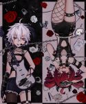  2girls :3 :d ahoge arm_up asymmetrical_gloves asymmetrical_legwear bangs belt belt_bracelet black_hair blush bracelet chain chain_necklace crumpled_paper cuffs drill_hair fangs fingerless_gloves fishnet_top fishnets flower flower_(vocaloid) flower_(vocaloid4) garter_straps gloves guitar handcuffs headphones headset highres holding holding_instrument holding_microphone ianxy2 instrument jewelry kasane_teto latex lock microphone microphone_stand mouth_hold multicolored_hair multiple_girls nail_polish necklace o-ring open_mouth padlock pantyhose paperclip pen pencil plectrum plectrum_in_mouth purple_eyes red_eyes red_hair rose short_hair single_fishnet_legwear single_leg_pantyhose single_thighhigh smile spiked_thighlet thigh_strap thighhighs twin_drills two-tone_hair upside-down utau vocaloid waist_cutout white_hair 