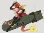  absurd_res anthro bomb breasts clothing explosives female fish gloves handwear hasbro hi_res latex latex_gloves latex_stockings marine my_little_pony nipples pinup pose riding seahorse simple_background solo syngnathid syngnathiform third-degree_apathy 