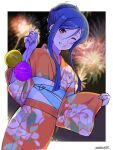  1girl aerial_fireworks aika_granzchesta andanden aria blue_hair brown_eyes festival fireworks floral_print highres japanese_clothes kimono nail_polish night one_eye_closed smile summer_festival undine_(aria) wide_sleeves yukata 