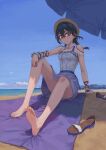  1girl arm_support bangs bare_legs barefoot beach beach_towel beach_umbrella blue_shirt blue_skirt blue_sky braid breasts character_request clothing_cutout cloud cloudy_sky collarbone convenient_leg copyright_request feet foreshortening frilled_shirt frills full_body hair_between_eyes hand_on_own_knee hat highres knee_up legs long_hair looking_at_viewer max-k medium_breasts miniskirt nail_polish outdoors red_eyes sandals sandals_removed shadow shirt short_sleeves shoulder_cutout sidelocks sitting skirt sky sleeveless sleeveless_shirt soles solo straw_hat thighs toenail_polish toenails toes towel twin_braids umbrella 