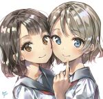  2girls bangs blue_eyes brown_eyes brown_hair commentary_request grey_hair highres looking_at_viewer love_live! love_live!_sunshine!! multiple_girls saitou_shuka school_uniform shiny shiny_hair short_hair sidelocks signature smile takenoko_no_you upper_body uranohoshi_school_uniform voice_actor voice_actor_connection watanabe_you white_background 