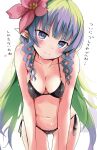  1girl ameth_(princess_connect!) aono_(f_i_s) bangs bikini black_bikini blue_eyes blunt_bangs blush breasts closed_mouth collarbone commentary_request drill_hair flower green_hair hair_flower hair_ornament highres long_hair looking_at_viewer medium_breasts multicolored_hair navel pointy_ears princess_connect! purple_hair side-tie_bikini simple_background smile solo stomach swimsuit translation_request twin_drills two-tone_hair white_background 