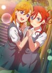  2girls absurdres al_aoi_aoba blue_eyes blush closed_mouth dress hair_bun highres holding_hands lens_flare looking_at_viewer love_live! love_live!_superstar!! medium_hair multiple_girls open_mouth orange_hair pinafore_dress purple_eyes school_uniform shibuya_kanon short_hair short_sleeves smile tree upper_body wavy_mouth yoneme_mei yuigaoka_school_uniform 