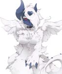  &lt;3 ... absol anthro bell blue_claws blue_face blue_horn breasts claws collar dragon featureless_breasts female fluffy fur hair hand_on_lap hand_print horn hybrid long_hair long_tail mega_absol mega_evolution nintendo paws pok&eacute;mon pok&eacute;mon_(species) red_eyes signature simple_background solo tail_fluff typh video_games white_background white_body white_eyelashes white_fur white_hair white_tail white_wings wings 