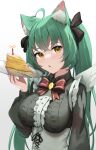  1girl absurdres ahoge animal_ear_fluff animal_ears black_ribbon bow bowtie breasts cake cat_ears cat_girl food food_on_face girl_dm gradient gradient_background green_hair grey_background hair_ribbon highres indie_virtual_youtuber long_hair long_sleeves looking_at_viewer medium_breasts red_bow red_bowtie ribbon skai_kun solo twintails upper_body virtual_youtuber yellow_eyes 