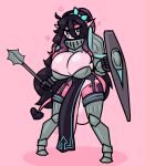  absurd_res anthro armor balls big_balls big_breasts big_penis blue_eyes breasts cephalopod cross-popping_vein genitals gynomorph hi_res huge_balls huge_breasts huge_penis hybrid intersex limebreaker mace marine melee_weapon mollusk penis pink_body ribbons shield solo spade_tail spots spotted_body unconvincing_armor weapon 