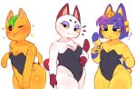  &lt;3 animal_crossing ankha_(animal_crossing) anthro beauty_mark big_breasts blue_hair blush breasts clothing digital_media_(artwork) domestic_cat egyptian elemental_creature eyelashes eyeshadow felid feline felis female fingers flora_fauna food food_creature fruit fur group hair hanaarts leaf leotard living_fruit looking_at_viewer makeup mammal narrowed_eyes nintendo olivia_(animal_crossing) one_eye_closed plant simple_background smile standing tangy_(animal_crossing) tongue tongue_out trio video_games white_body white_fur wink yellow_body 