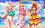  3girls absurdres beach bikini blonde_hair blue_eyes brown_hair cloud earrings flower hair_flower hair_ornament highres jewelry lipgloss long_hair looking_at_viewer mario_(series) midriff multiple_girls pink_lips princess princess_daisy princess_peach rainbow rosalina sakurachanart02 swimsuit 