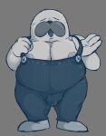  2022 anthro bulge button_(fastener) clothed clothing eyes_closed full-length_portrait grey_background hi_res kirby_(series) locitony male mammal marine mr._frosty_(kirby) nintendo nipples open_mouth overalls overweight overweight_male pecs pinniped portrait simple_background solo standing video_games walrus white_body white_skin 