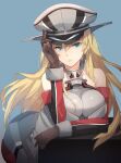  1girl adjusting_clothes adjusting_headwear anchor bismarck_(kancolle) blonde_hair blue_background blue_eyes breasts brown_gloves choker cowboy_shot cross detached_sleeves gloves hat highres iron_cross kantai_collection kasumi_(skchkko) large_breasts leaning_forward leaning_on_table looking_at_viewer military military_hat military_uniform peaked_cap resting revision shadow solo table uniform 