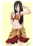  1girl ;d absurdres armpits bangs bare_arms bikini bikini_top_only black_hair border boruto:_naruto_next_generations bow breasts brown_bikini brown_ribbon cleavage collarbone front-tie_bikini front-tie_top grey_border grey_eyes groin hair_between_eyes hair_bow highres hyuuga_hanabi layered_skirt long_hair naruto_(series) navel one_eye_closed open_mouth pink_bow red_skirt ribbon shiny shiny_hair signature skirt small_breasts smile solo standing straight_hair swimsuit v very_long_hair yellow_background zero024 