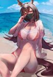  1girl absurdres animal_ears arm_support bikini black_mask bra_visible_through_clothes breasts brown_hair highres horse_ears horse_girl large_breasts long_hair mask red_eyes red_swimsuit see-through shirt sirius_symboli_(umamusume) sitting solo swimsuit tail umamusume user_hwux5775 very_long_hair wet wet_clothes wet_shirt 