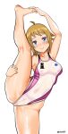  1girl absurdres ahoge aiuti barefoot blue_eyes brown_hair clothes_writing commentary_request commission competition_swimsuit covered_nipples cowboy_shot gundam gundam_build_fighters gundam_build_fighters_try highres hoshino_fumina multicolored_clothes multicolored_swimsuit one-piece_swimsuit see-through short_hair simple_background solo split standing standing_on_one_leg standing_split swimsuit white_background white_swimsuit 