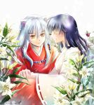  1boy 1girl animal_ears bead_necklace beads blue_hair closed_eyes closed_mouth couple fingernails flower fox_ears grin hair_over_shoulder hakama hetero higurashi_kagome inuyasha inuyasha_(character) japanese_clothes jewelry kimono lens_flare long_hair long_sleeves necklace red_hakama red_kimono ribbon-trimmed_sleeves ribbon_trim runa_rainfall sharp_fingernails shiny shiny_hair smile straight_hair white_background white_flower white_hair white_kimono wide_sleeves yellow_eyes 