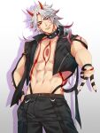  1boy abs absurdres arataki_itto artist_name biceps black_nails chest_tattoo claws collar earrings feet_out_of_frame genshin_impact hand_in_pocket highres horns jacket jewelry leather leather_belt leather_jacket long_hair looking_at_viewer male_focus mature_male muscular muscular_male nalamicha oni_horns pants pectorals red_eyes red_hair smirk solo spiked_collar spikes tattoo thick_eyebrows twitter_username white_hair 