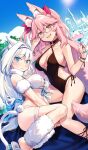  2girls adjusting_eyewear animal_ear_fluff animal_ears bad_source bikini black_swimsuit blue_eyes breasts breasts_apart cat_ears cat_girl cat_tail cleavage commentary craft_essence_(fate) cup dobrynya_nikitich_(fate) dobrynya_nikitich_(twin_tail)_(fate) fang fate/grand_order fate_(series) fox_ears fox_girl fox_tail glasses grey-framed_eyewear holding holding_cup koyanskaya_(fate) koyanskaya_(twin_tail)_(fate) large_breasts long_hair looking_at_viewer meo multiple_girls nail_polish official_alternate_costume official_art one-piece_swimsuit pink_hair pink_nails semi-rimless_eyewear smile swimsuit tail tamamo_(fate) under-rim_eyewear white_bikini white_hair yellow_eyes 