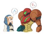  1boy 1girl ? abs androgyne_symbol arm_cannon armor blonde_hair bridget_(guilty_gear) commentary gravity_suit green_eyes guilty_gear guilty_gear_strive helmet hood hood_up hooded_jacket hoodie jacket looking_at_another metroid metroid_(classic) nun open_mouth otoko_no_ko pointy_nose power_suit samus_aran simple_background thought_bubble upper_body wakaba_(wata_ridley) weapon white_background white_sleeves 