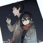  1boy 1girl black_hair bob_cut breath brown_eyes cigarette coat mi8pq nakahara_misaki nhk_ni_youkoso! red_scarf satou_tatsuhiro scarf short_hair smoking white_coat 