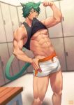  1boy abs animal_ears bara biceps blurry blurry_background blush bulge cat_ears cat_tail clothes_lift flexing green_hair locker locker_room looking_at_viewer male_focus manly muscular muscular_male navel nipples original pectorals pose shirt_lift short_hair shorts solo spiked_hair tail tank_top thick_arms thick_eyebrows thick_thighs thighs veins veiny_arms zink_(zink_mchn) 