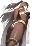  1girl ass ass_grab black_hair blush bodystocking bodysuit breasts bridal_gauntlets cape carcass_(artist) fire_emblem fire_emblem_awakening foreshortening from_below grabbing_own_ass hand_on_own_ass korean_commentary large_breasts long_hair looking_at_viewer looking_back looking_down purple_eyes revision simple_background skin_tight solo tharja_(fire_emblem) thighs tiara two_side_up 