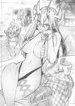  1girl absurdres bangs bare_shoulders breasts cleavage eyeliner fate/grand_order fate_(series) food greyscale hair_between_eyes highres horns ibuki_douji_(fate) ice_cream kojima_takeshi large_breasts long_hair looking_at_viewer makeup monochrome navel oni oni_horns pointy_ears sidelocks sitting slingshot_swimsuit solo_focus swimsuit tail tongue tongue_out 