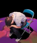  1boy bent_over black_background black_pants brown_hair collared_shirt commentary english_commentary full_body head_on_hand highres ikari_shinji leaning_forward male_focus meme neon_genesis_evangelion on_chair pants ramennamenn shinji_in_a_chair_(meme) shirt shirt_tucked_in shoes short_hair short_sleeves simple_background sitting sketch solo white_footwear white_shirt 