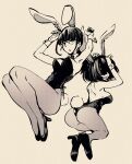  2girls animal_ears ass black_bow black_bowtie black_hair black_leotard bow bowtie breasts bunny_day bunny_pose covered_eyes covered_navel detached_collar fake_animal_ears fake_tail fishnet_pantyhose fishnets glasses hair_over_eyes hikage_monogatari kazura_yukie large_breasts leotard looking_at_viewer medium_breasts miura_chinami multiple_girls pantyhose playboy_bunny ponytail rabbit_ears rabbit_tail short_hair side-tie_leotard sidelocks strapless strapless_leotard tail thighs urin wrist_cuffs 